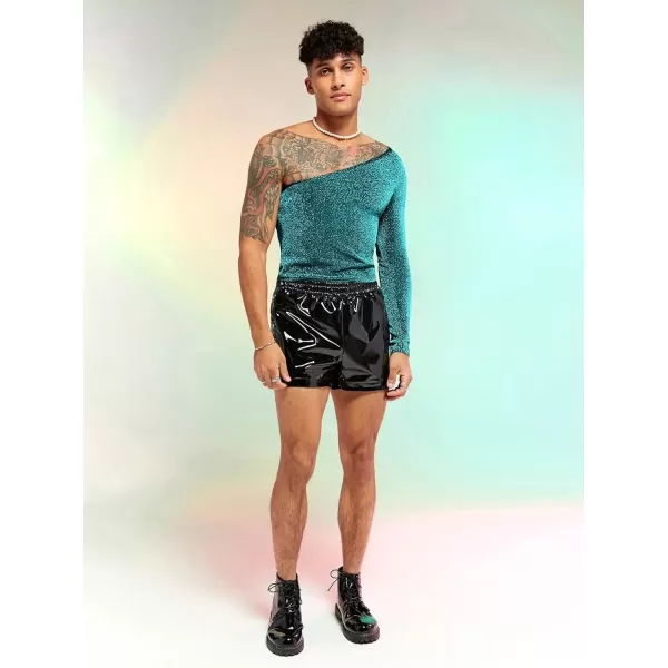 WDIRARA Men's Glitter One Shoulder Long Sleeve Plain T Shirts Panel Casual Tee Top