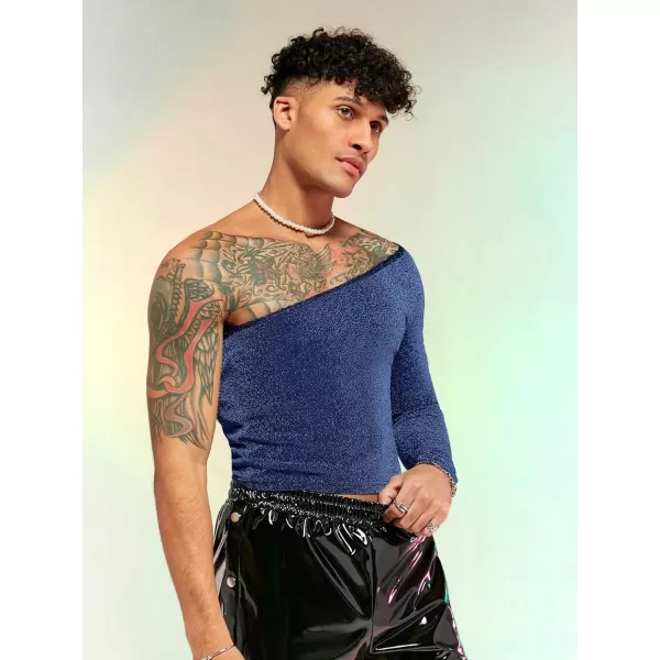 WDIRARA Men's Glitter One Shoulder Long Sleeve Plain T Shirts Panel Casual Tee Top