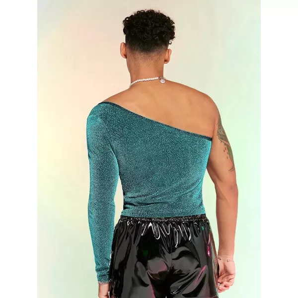 WDIRARA Men's Glitter One Shoulder Long Sleeve Plain T Shirts Panel Casual Tee Top
