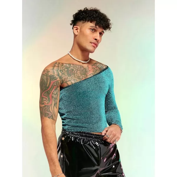 WDIRARA Men's Glitter One Shoulder Long Sleeve Plain T Shirts Panel Casual Tee Top