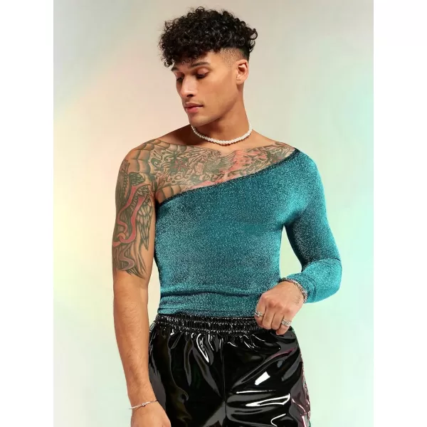 WDIRARA Men's Glitter One Shoulder Long Sleeve Plain T Shirts Panel Casual Tee Top