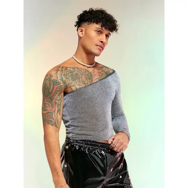 WDIRARA Men's Glitter One Shoulder Long Sleeve Plain T Shirts Panel Casual Tee Top