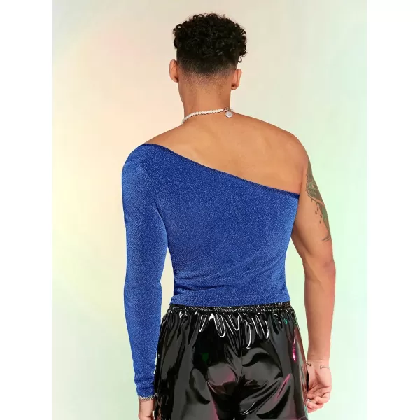 WDIRARA Men's Glitter One Shoulder Long Sleeve Plain T Shirts Panel Casual Tee Top