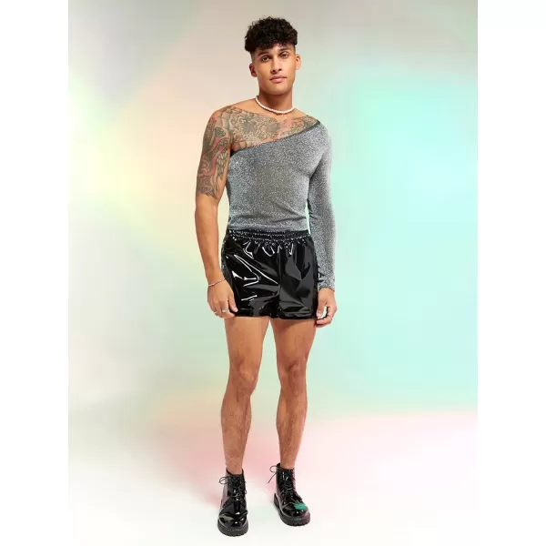 WDIRARA Men's Glitter One Shoulder Long Sleeve Plain T Shirts Panel Casual Tee Top