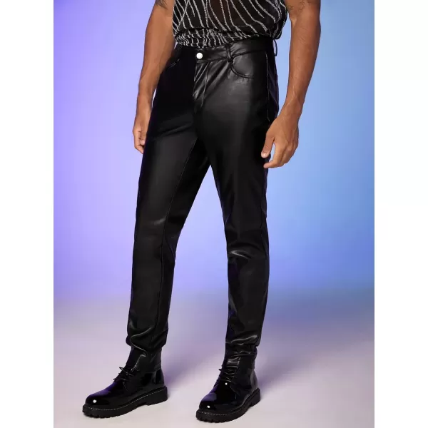WDIRARA Men's High Waist Button PU Leather Party Skinny Pants with Pocket