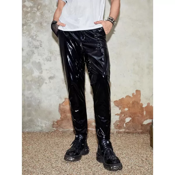 WDIRARA Men's High Waisted PU Leather Zipper Fly Solid Tapered Pants with Pockets
