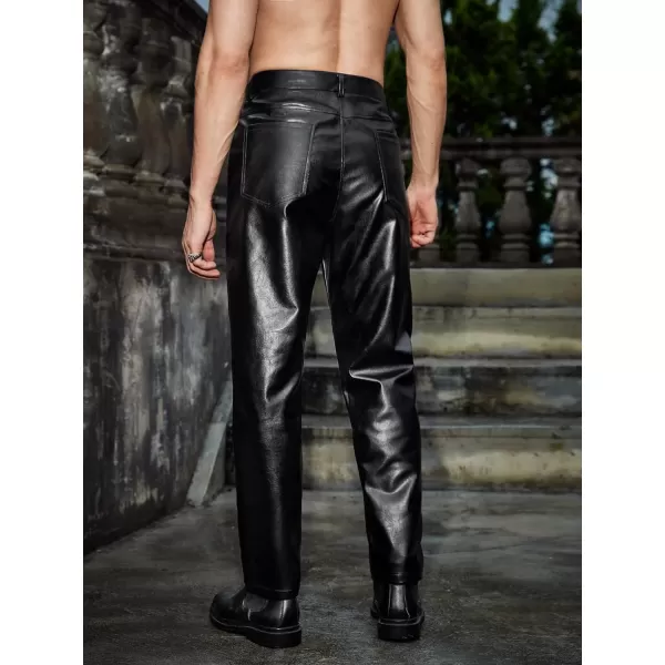 WDIRARA Men's High Waisted PU Leather Zipper Fly Solid Tapered Pants with Pockets