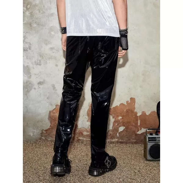 WDIRARA Men's High Waisted PU Leather Zipper Fly Solid Tapered Pants with Pockets