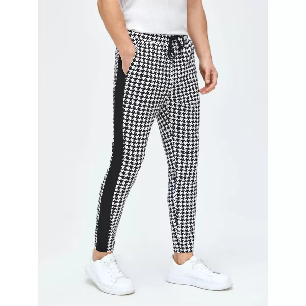 WDIRARA Men's Houndstooth Print Drawstring Tie Front Joggers Tapered Casual Long Pants