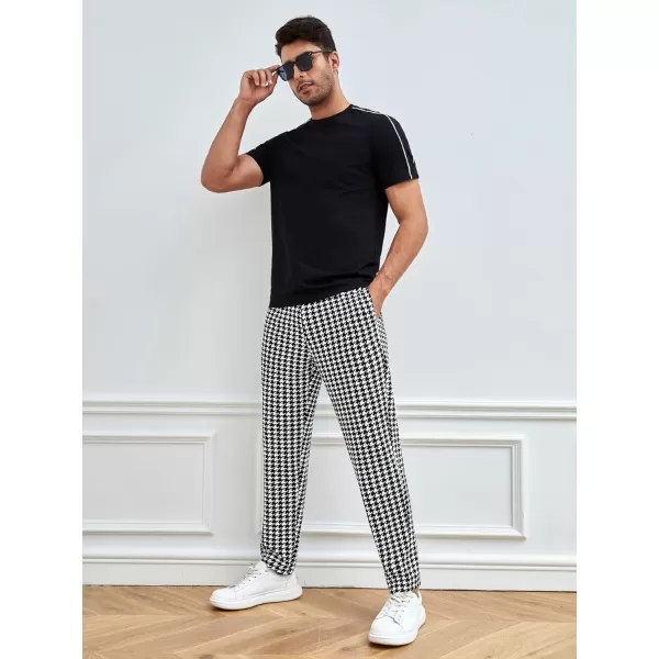 WDIRARA Men's Houndstooth Print Drawstring Tie Front Joggers Tapered Casual Long Pants
