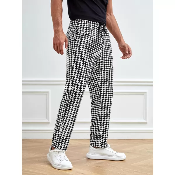 WDIRARA Men's Houndstooth Print Drawstring Tie Front Joggers Tapered Casual Long Pants