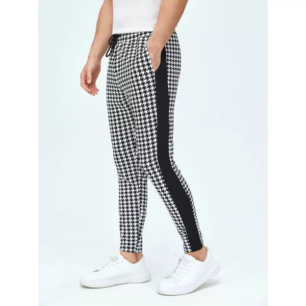 WDIRARA Men's Houndstooth Print Drawstring Tie Front Joggers Tapered Casual Long Pants