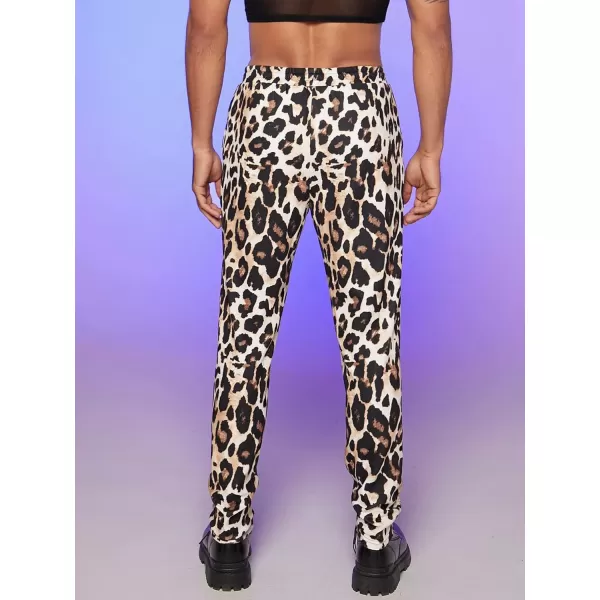 WDIRARA Men's Leopard Print Drawstring High Waist Straight Leg Long Pants with Pockets