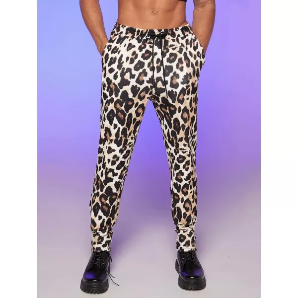 WDIRARA Men's Leopard Print Drawstring High Waist Straight Leg Long Pants with Pockets