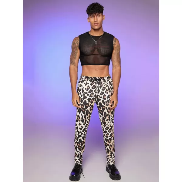 WDIRARA Men's Leopard Print Drawstring High Waist Straight Leg Long Pants with Pockets