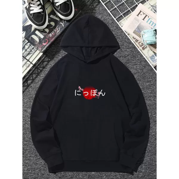 WDIRARA Men's Letter Print Long Sleeve Drawstring Hooded Tops Drop Shoulder Pullovers Casual Basic Sweatshirts