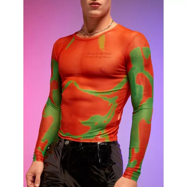 WDIRARA Men's Mesh Sheer Graphic Print Long Sleeve Tee Casual Crewneck Party Shirts