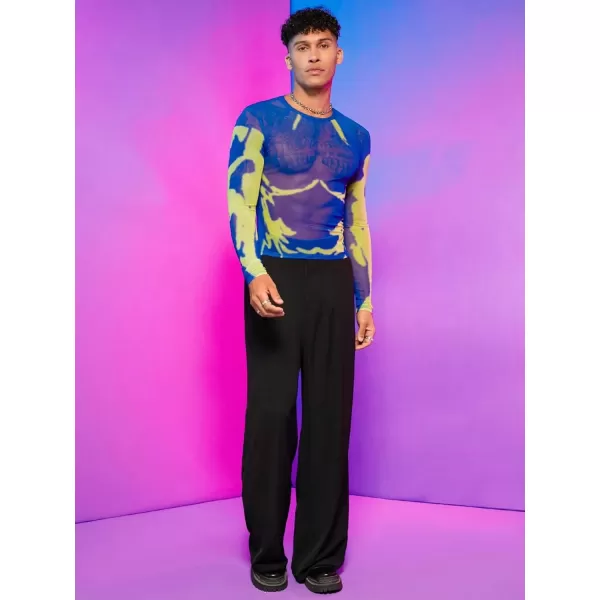 WDIRARA Men's Mesh Sheer Graphic Print Long Sleeve Tee Casual Crewneck Party Shirts