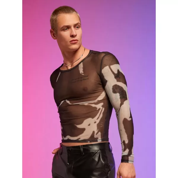 WDIRARA Men's Mesh Sheer Graphic Print Long Sleeve Tee Casual Crewneck Party Shirts