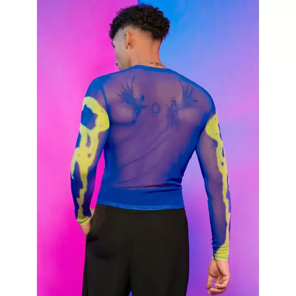WDIRARA Men's Mesh Sheer Graphic Print Long Sleeve Tee Casual Crewneck Party Shirts