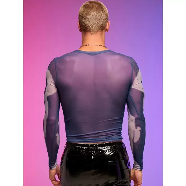 WDIRARA Men's Mesh Sheer Graphic Print Long Sleeve Tee Casual Crewneck Party Shirts