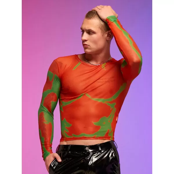 WDIRARA Men's Mesh Sheer Graphic Print Long Sleeve Tee Casual Crewneck Party Shirts