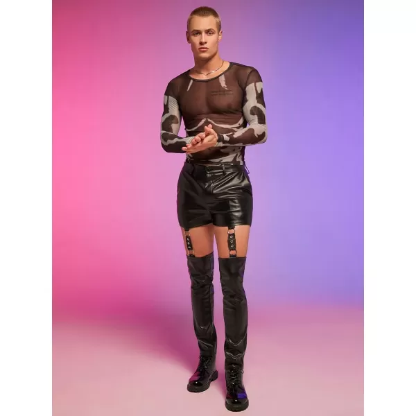 WDIRARA Men's Mesh Sheer Graphic Print Long Sleeve Tee Casual Crewneck Party Shirts