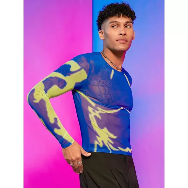 WDIRARA Men's Mesh Sheer Graphic Print Long Sleeve Tee Casual Crewneck Party Shirts