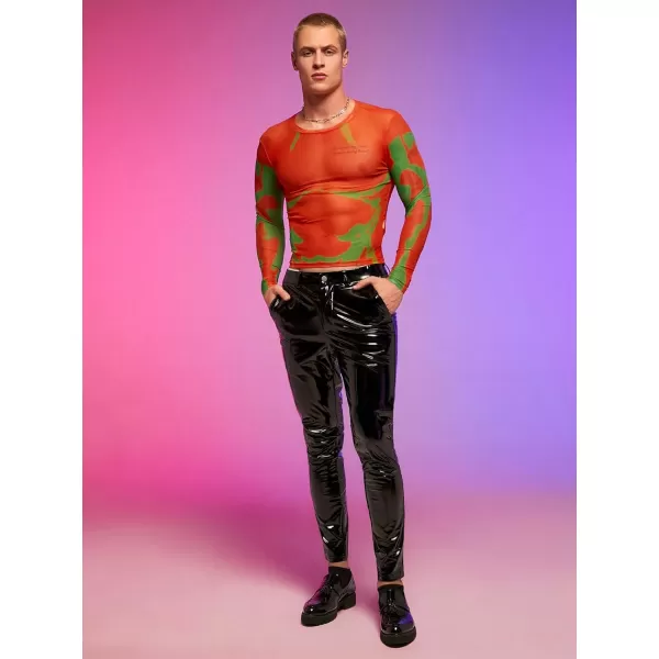 WDIRARA Men's Mesh Sheer Graphic Print Long Sleeve Tee Casual Crewneck Party Shirts