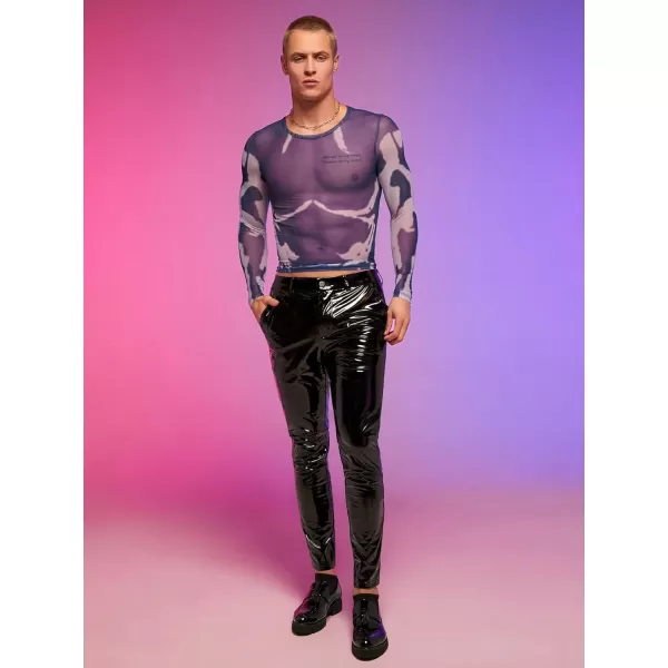 WDIRARA Men's Mesh Sheer Graphic Print Long Sleeve Tee Casual Crewneck Party Shirts
