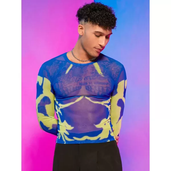WDIRARA Men's Mesh Sheer Graphic Print Long Sleeve Tee Casual Crewneck Party Shirts