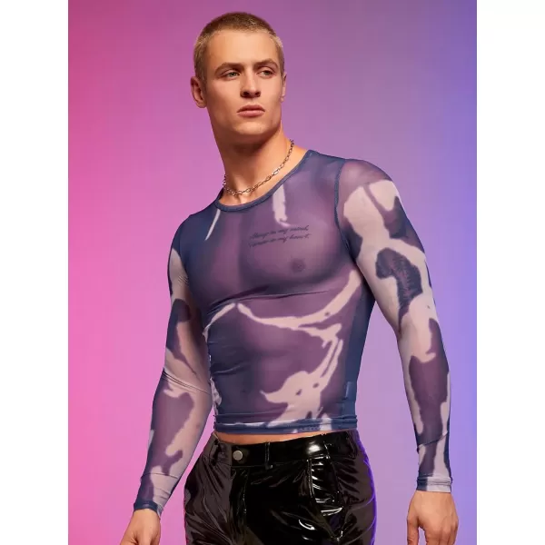 WDIRARA Men's Mesh Sheer Graphic Print Long Sleeve Tee Casual Crewneck Party Shirts