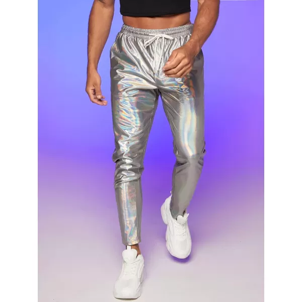 WDIRARA Men's Metallic Drawstring Waist Holographic Party Club Pants with Pockets
