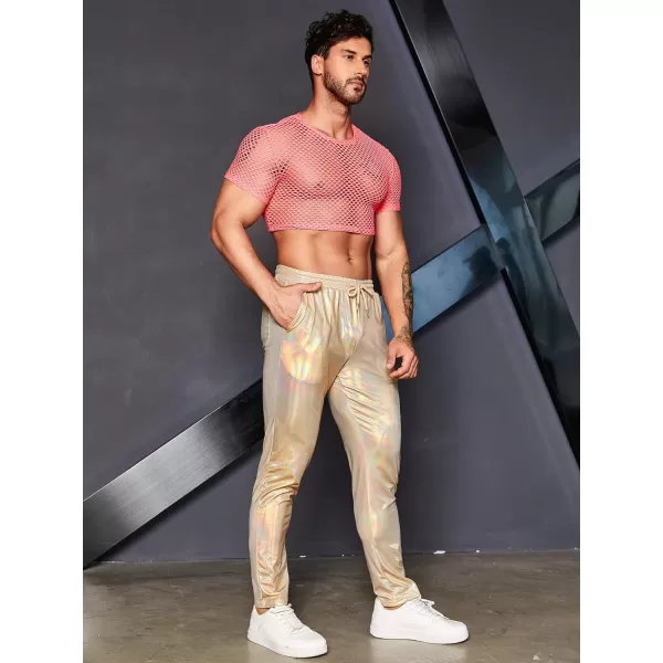 WDIRARA Men's Metallic Drawstring Waist Holographic Party Club Pants with Pockets