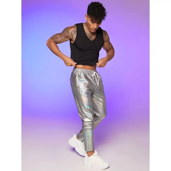 WDIRARA Men's Metallic Drawstring Waist Holographic Party Club Pants with Pockets