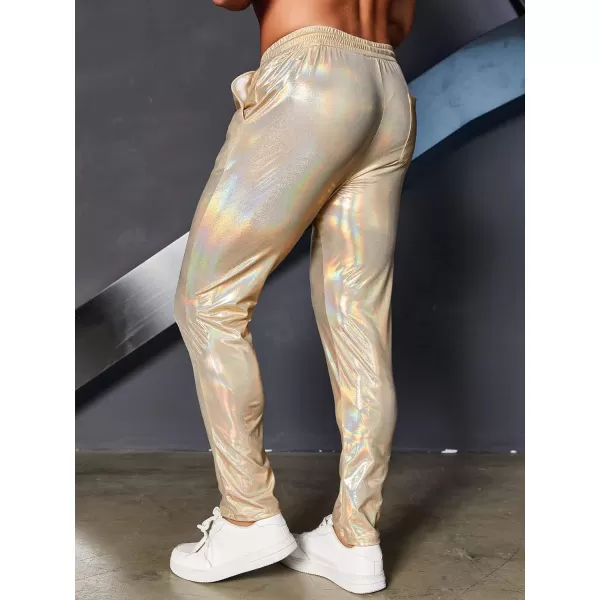 WDIRARA Men's Metallic Drawstring Waist Holographic Party Club Pants with Pockets