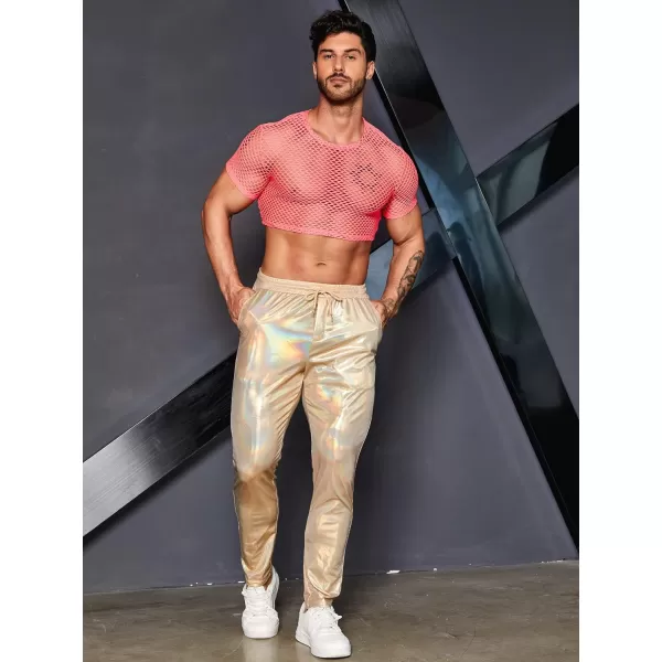 WDIRARA Men's Metallic Drawstring Waist Holographic Party Club Pants with Pockets