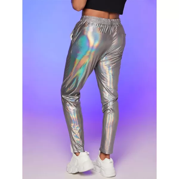 WDIRARA Men's Metallic Drawstring Waist Holographic Party Club Pants with Pockets