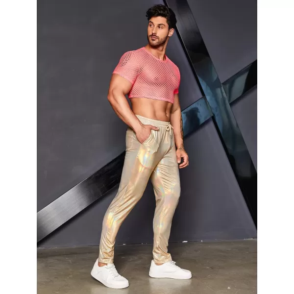 WDIRARA Men's Metallic Drawstring Waist Holographic Party Club Pants with Pockets