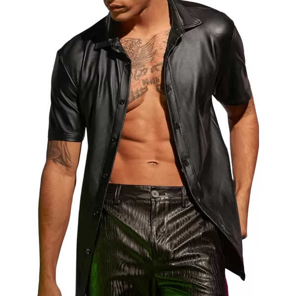 WDIRARA Men's PU Leather Button Down Short Sleeve Dress Shirt Casual Streetwear Top