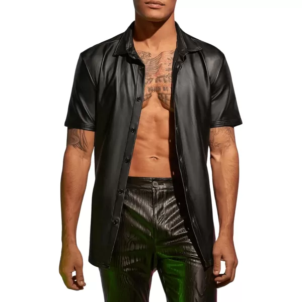 WDIRARA Men's PU Leather Button Down Short Sleeve Dress Shirt Casual Streetwear Top