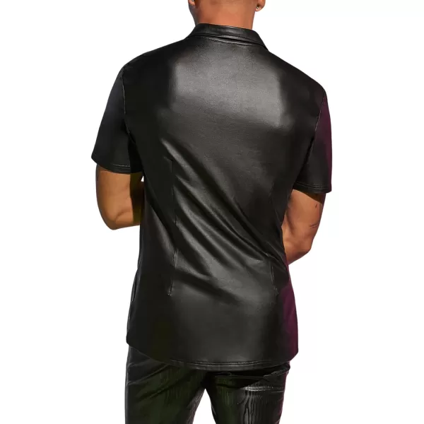 WDIRARA Men's PU Leather Button Down Short Sleeve Dress Shirt Casual Streetwear Top
