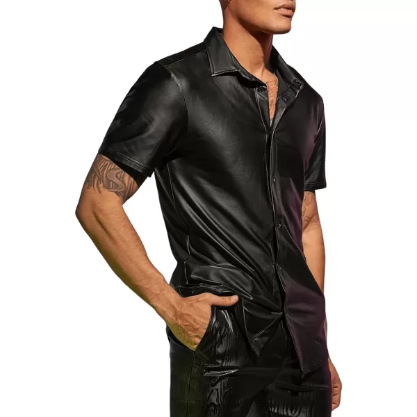 WDIRARA Men's PU Leather Button Down Short Sleeve Dress Shirt Casual Streetwear Top