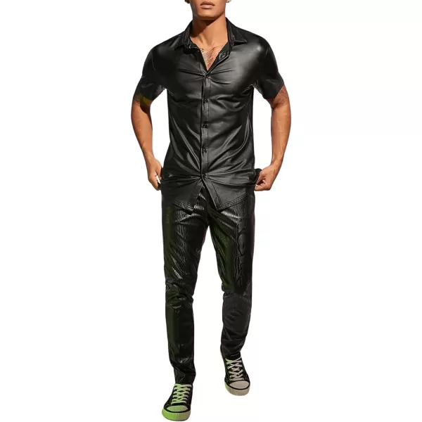 WDIRARA Men's PU Leather Button Down Short Sleeve Dress Shirt Casual Streetwear Top