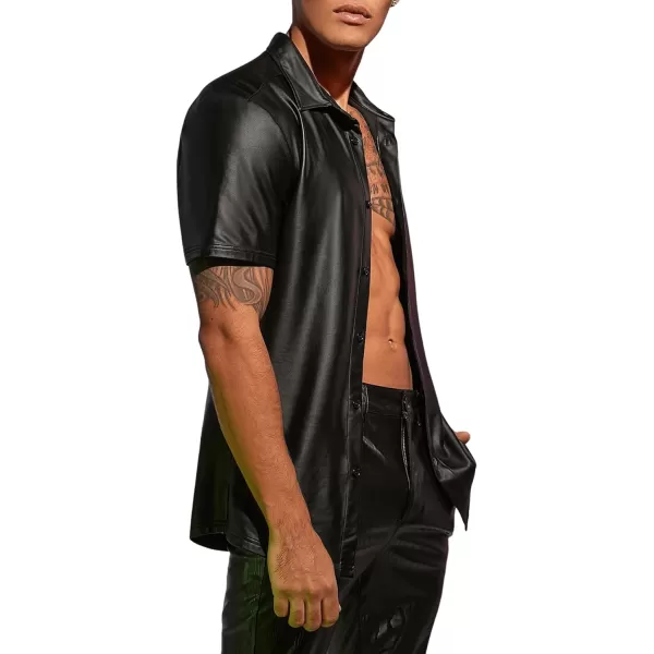 WDIRARA Men's PU Leather Button Down Short Sleeve Dress Shirt Casual Streetwear Top