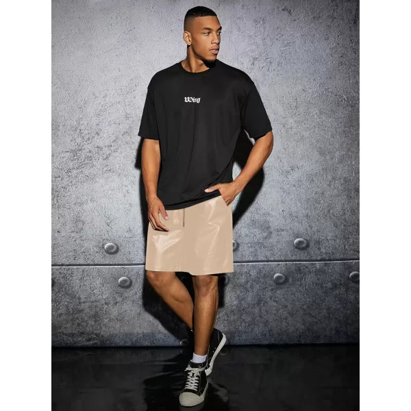WDIRARA Men's PU Leather Drawstring Waist Wide Legs Shorts