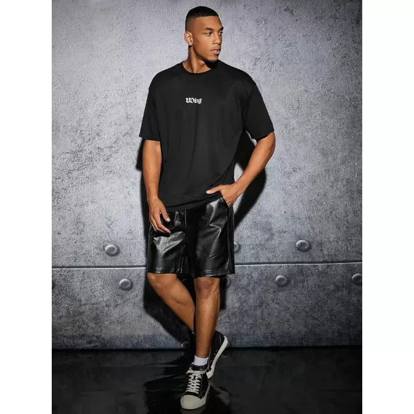 WDIRARA Men's PU Leather Drawstring Waist Wide Legs Shorts
