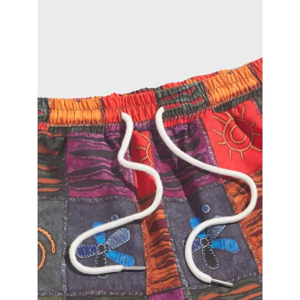 WDIRARA Men's Patchwork Print Drawstring Waist Shorts Summer Beach Casual Shorts