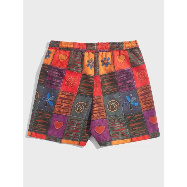 WDIRARA Men's Patchwork Print Drawstring Waist Shorts Summer Beach Casual Shorts