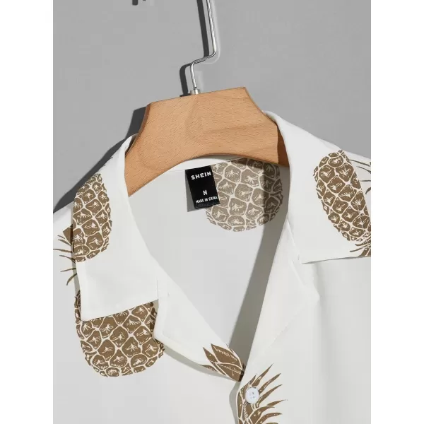 WDIRARA Men's Pineapple Print Button Down Short Sleeve Shirt Casual Collar Tops